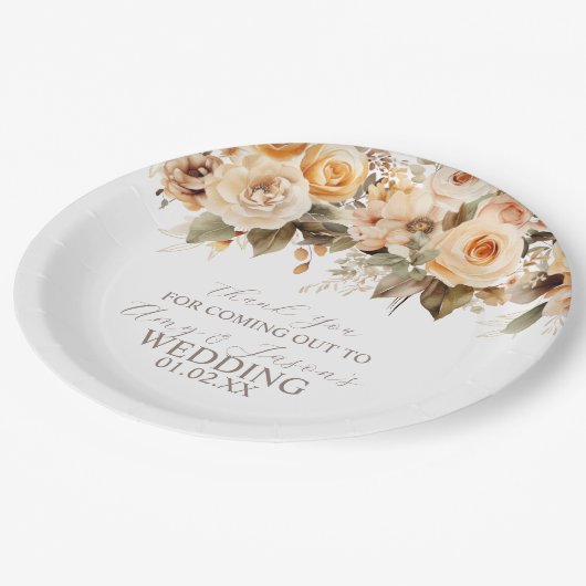 Nuetral Beige Botanische Hochzeit braun Pappteller (Schrägansicht)