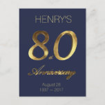 Number 80 80th Birthday Anniversary Blue Gold Postkarte<br><div class="desc">Number 80 Blue and Gold Look Typography 80th Corporate Anniversary 80th Birthday Anniversary 80 Years 80th Anniversary Elegant Postcard,  you can add name and date and change the blue background color</div>