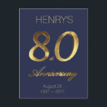 Number 80 80th Birthday Anniversary Blue Gold Postkarte<br><div class="desc">Number 80 Blue and Gold Look Typography 80th Corporate Anniversary 80th Birthday Anniversary 80 Years 80th Anniversary Elegant Postcard,  you can add name and date and change the blue background color</div>