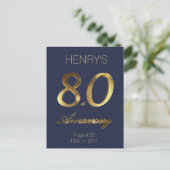 Number 80 80th Birthday Anniversary Blue Gold Postkarte (Stehend Vorderseite)