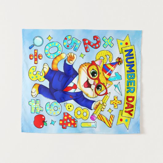 Number Day Smart Cat Math Design for Kids Wandteppich (Vorderseite (Horizontal))