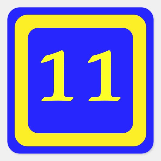 Nummer 11, blauer Hintergrund, gelber Rahmen Quadratischer Aufkleber (Vorderseite)