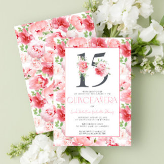 Nummer 15 Elegant Pink Floral Moderne Quinceñera Einladung