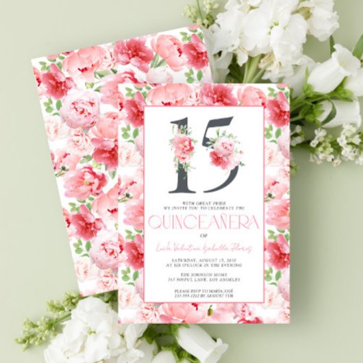 Nummer 15 Elegant Pink Floral Moderne Quinceñera Einladung