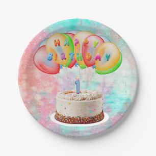 Nummer 1 Candle on Cake, Happy Birthday, Bunt Pappteller
