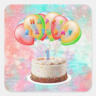 Nummer 1 Candle on Cake, Happy Birthday, Bunt Quadratischer Aufkleber