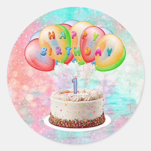 Nummer 1 Candle on Cake, Happy Birthday, Bunt Runder Aufkleber (Vorderseite)