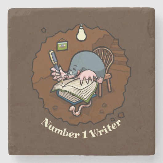 Nummer 1 Writer Niedlich Cartoon Mole Writing in B Steinuntersetzer (Vorderseite)