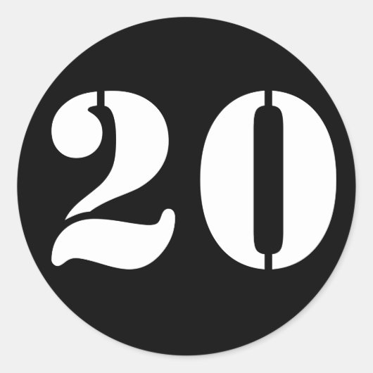 Nummer 20 20 Schwarze Stencil Zahlen von Janz Runder Aufkleber (Vorderseite)