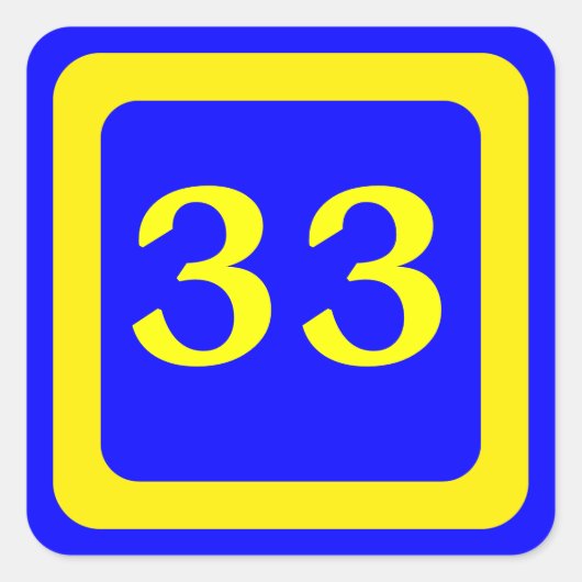 Nummer 33, blauer Hintergrund, gelber Rahmen Quadratischer Aufkleber (Vorderseite)
