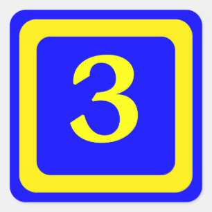 Nummer 3, blauer Hintergrund, gelber Rahmen Quadratischer Aufkleber
