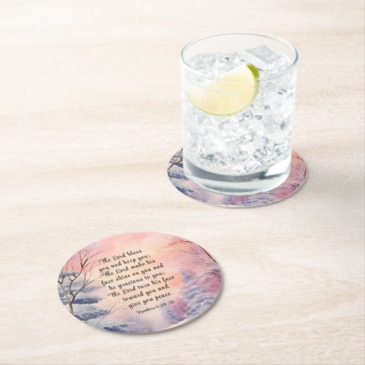 Nummer 6 Lord Bless You Bible Verse Winter Scene Runder Pappuntersetzer (Vor Ort)