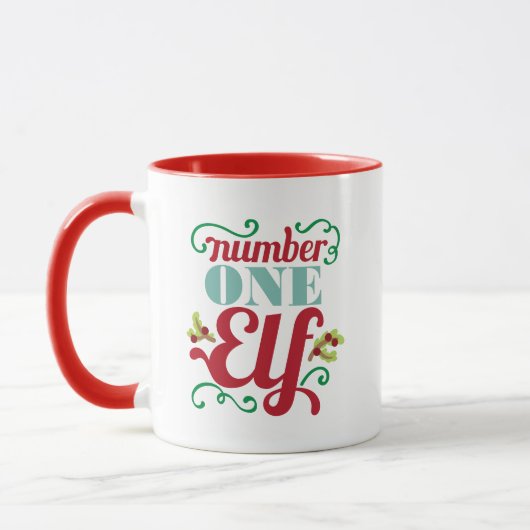 Nummer eins Elf Weihnachtswortkunst Tasse (Links)