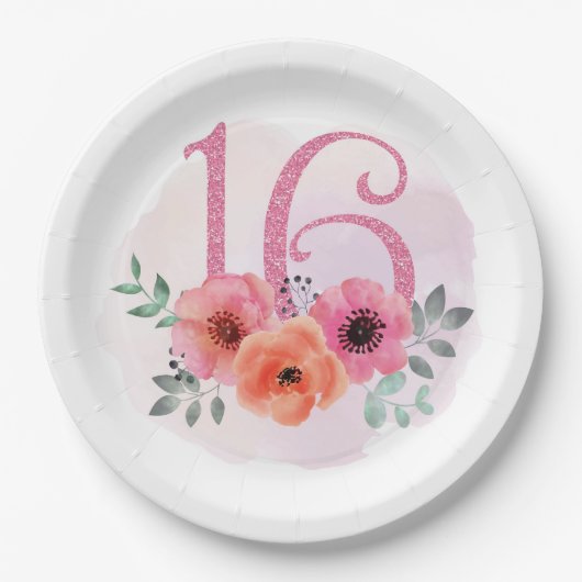 Nummer Sechzehn mit Blume Pappteller (Vorderseite)