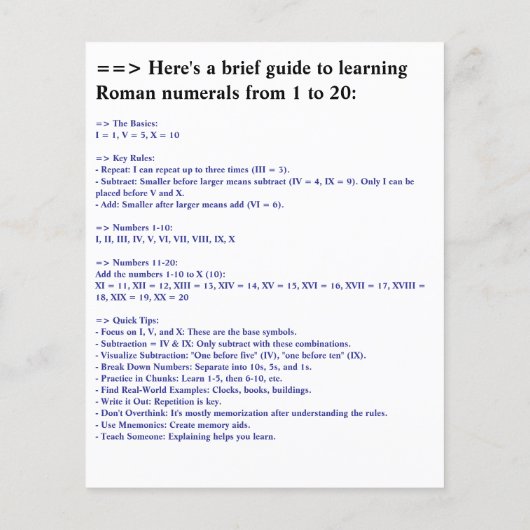 Nummern 1-20 römische Zahlen | I bis XX Diagramm Flyer (Hinten)