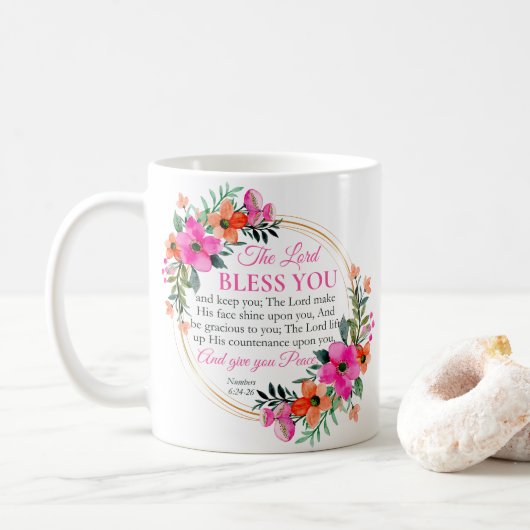 Nummern 6:24-26 Christlicher rosa Blumenkranz Kaffeetasse (Mit Donut)