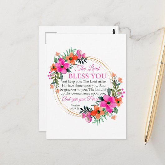 Nummern 6:24-26 Christlicher rosa Blumenkranz Postkarte (Vorderseite/Rückseite Beispiel)