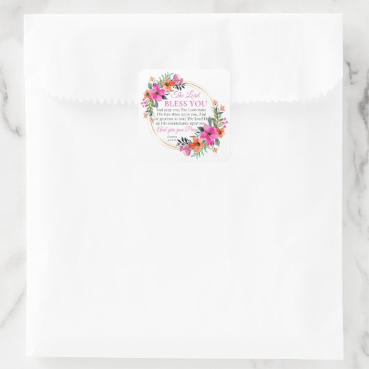 Nummern 6:24-26 Christlicher rosa Blumenkranz Quadratischer Aufkleber (Tasche)