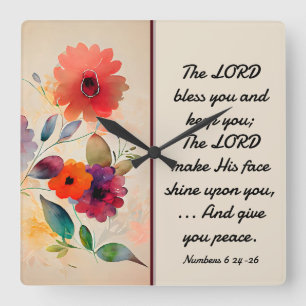 Nummern 6 24-26 Lord Bless You Floral Watercolor Quadratische Wanduhr