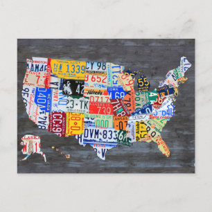 Nummernschildkarte der USA auf grauen Holzböden Postkarte