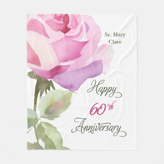 Nun 60th Anniversary Jubilee Custom Name Pink Rose Fleecedecke (Vorderseite)