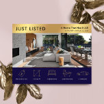 Nur aufgelistet Navy & Gold Real Anwesen Marketing Postkarte<br><div class="desc">Moderne Navy Blue und Gold Just Listed Real Anwesen Marketing Postkarte mit Platz für Ihr Logo, Immobilien-Foto und Immobilien-Details mit Icons. Diese individuell anpassbare Gold Property For Sale Promotion Postcard für Marine und Imitats bietet ein berufliches Design mit Platz für Ihre eigenen Text- und Eigentumsdetails. Eine einfache Möglichkeit, Ihre Haus-...</div>