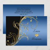 Nur Blue Gold Black Floral Wirbel Empfang Einladung (Vorne/Hinten)