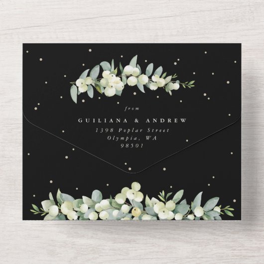 Nur Creme/Schwarze Snowberry+Eukalyptus-Empfang All In One Einladung (Rückseite)
