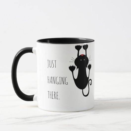 Nur da hängen schwarze Katze Cartoon lustiger Text Tasse (Links)