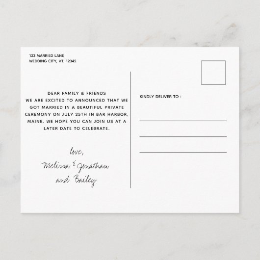 Nur du mich und der Hund Hochzeitsfeier Ankündigungspostkarte (Rückseite)