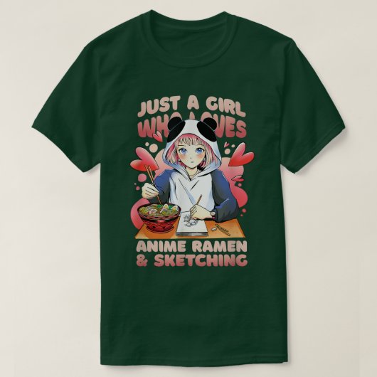 Nur ein Mädchen, das Anime-Ramen und Sketching Lie T-Shirt (Design vorne)