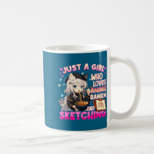 Nur ein Mädchen, das Anime-Ramen und Skizzieren li Kaffeetasse