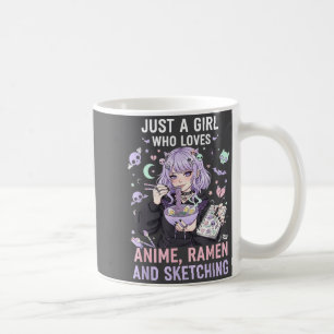 Nur ein Mädchen, das Anime-Ramen und Skizzieren vo Kaffeetasse