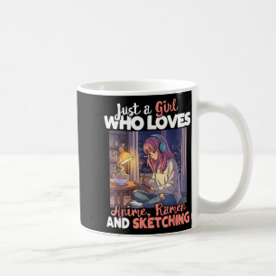Nur ein Mädchen, das Anime-Ramen und Skizzieren vo Kaffeetasse