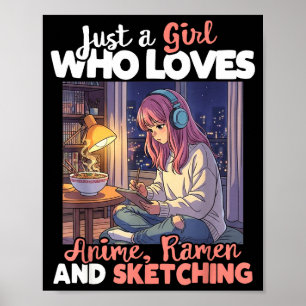Nur ein Mädchen, das Anime-Ramen und Skizzieren vo Poster