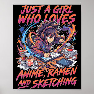 Nur ein Mädchen, das Anime-Ramen und Skizzieren vo Poster