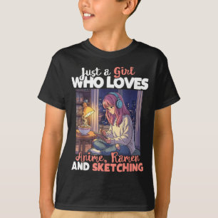 Nur ein Mädchen, das Anime-Ramen und Skizzieren vo T-Shirt