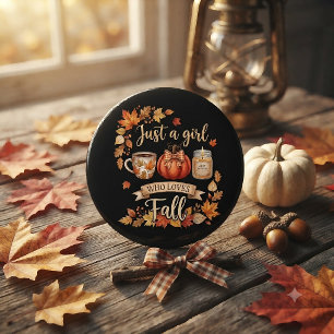 Nur ein Mädchen, das den Herbstkaffee im Herbst li Button