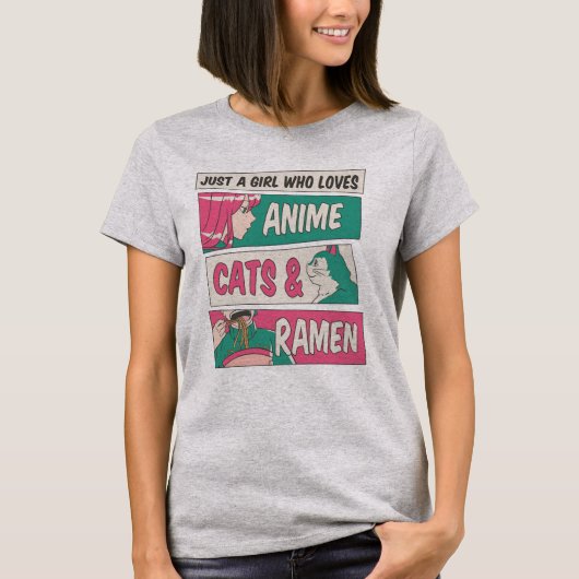 Nur ein Mädchen, das Katzen, Anime und Ramen Liebe T-Shirt (Vorderseite)