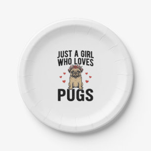 Nur ein Mädchen, das Pug-Hunde im Vintage-Stil lie Pappteller