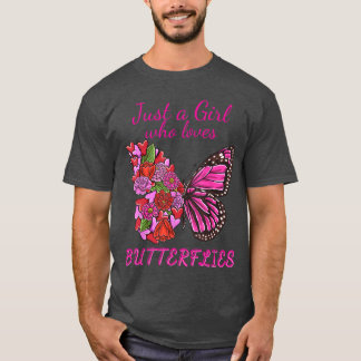 Nur ein Mädchen, das Schmetterlinge halb Blumen li T-Shirt
