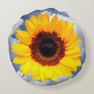 Nur ein Sonnenblumen-Blossom + Ihr Text und Ihre I Rundes Kissen