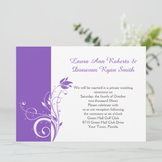 Nur Empfang für lila und weiße Wirbel Einladung (Stehend Vorderseite)