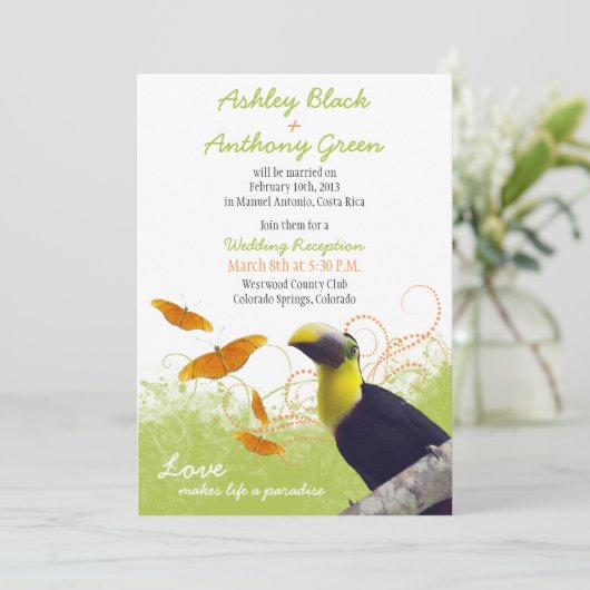 Nur Empfang für tropische Toucan Hochzeit in Urlau Einladung (Stehend Vorderseite)