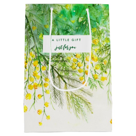 Nur für Sie gelbe Mimosa Aquarellmalerei Mittlere Geschenktüte (Rückseite)