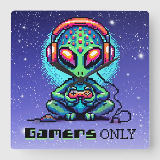 Nur Gamer | Pixel Art Alien Quadratische Wanduhr (Vorderseite)