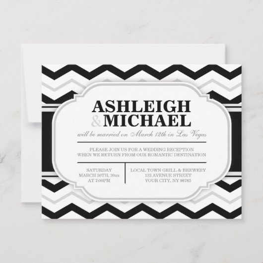 NUR Graue und Schwarz-weiße Zickzack Hochzeitsempf Einladung (Vorderseite)