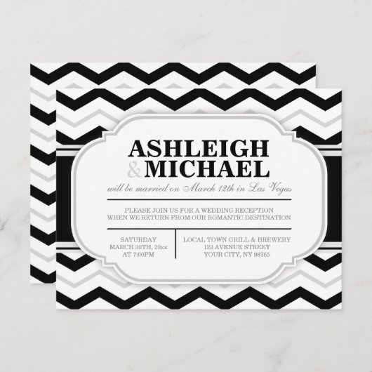 NUR Graue und Schwarz-weiße Zickzack Hochzeitsempf Einladung (Vorne/Hinten)