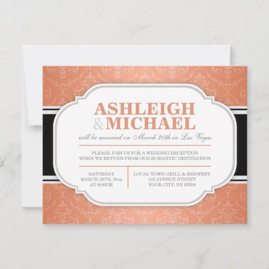 NUR Gray & Orange Damask Wedding Empfang Einladung (Vorderseite)