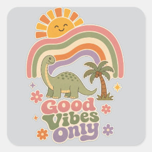 Nur gute Vibes Dinosaurier Retro Boho Regenbogen Quadratischer Aufkleber